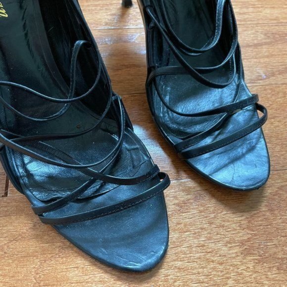 Delman Strappy Leather Open Toe Stiletto Heels - Picture 3 of 10